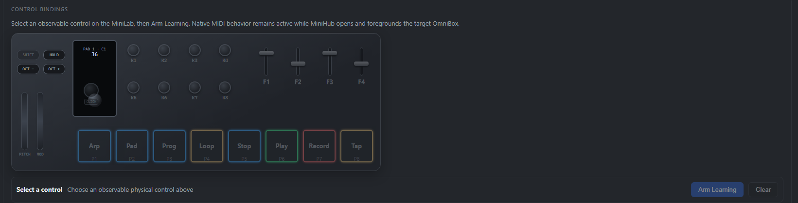 The MiniLab 3 control surface drawn in MiniHub, with knobs K1 to K8, faders F1 to F4 and eight coloured pads, above an Arm Learning button.
