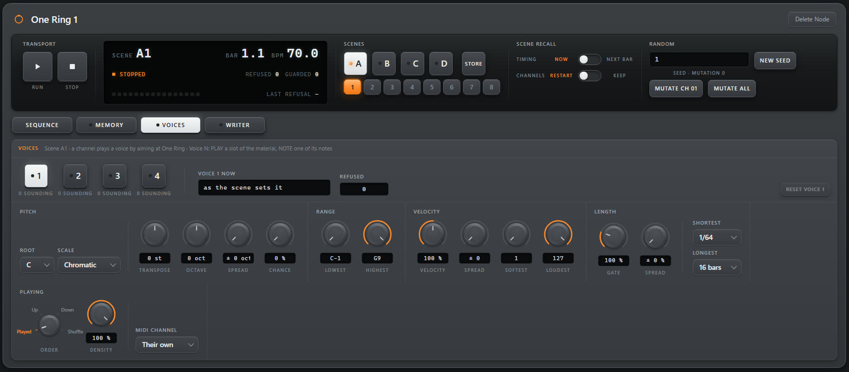 One Ring's voices page: voice 1 of four, reading as the scene sets it, with root C and a chromatic scale, transpose and octave at zero, a range from C minus 1 to G 9, velocity at 100 percent with its softest and loudest at 1 and 127, a gate of 100 percent, shortest a sixty-fourth note and longest sixteen bars, an order knob between Played, Up, Down and Shuffle, a density of 100 percent, and a MIDI channel set to Their own.