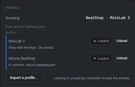 The Profile panel in MiniHub: it is running BeatStep and MiniLab 3, listing MiniLab 3 as shipped with MiniHub with 29 controls and Arturia BeatStep with 41 controls from arturia-beatstep.json, each marked Loaded with an Unload button, above an Import a profile button and a note that loading or unloading a controller reloads the window.