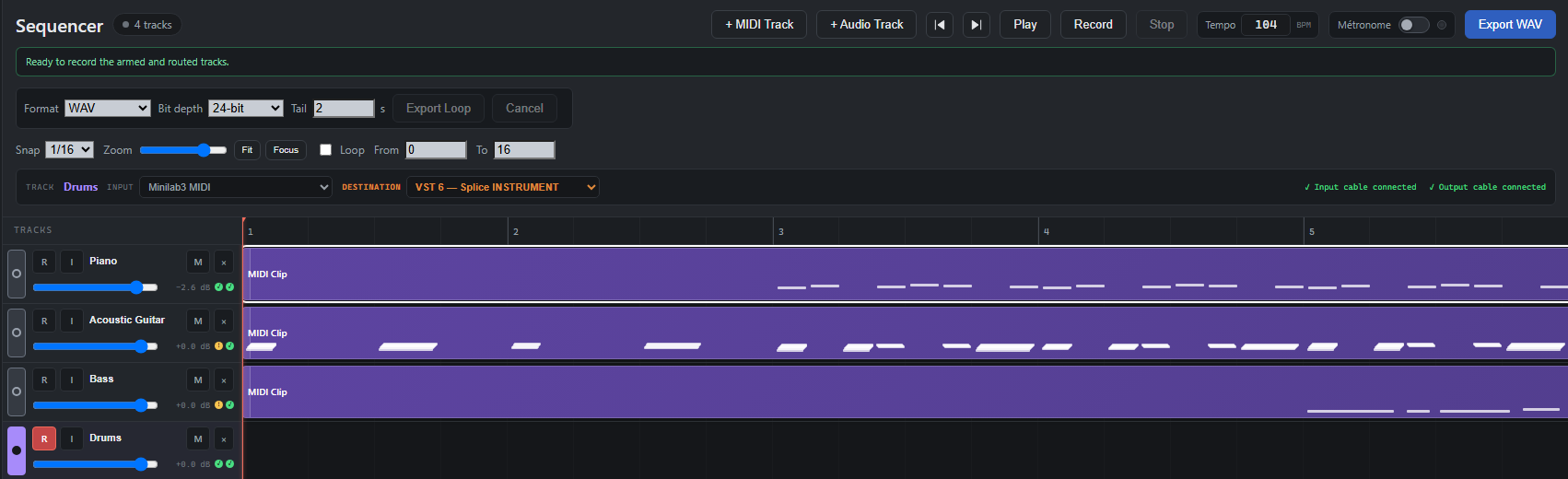 The MiniHub sequencer: one MIDI track taking Minilab3 MIDI as its input and VST 1 as its destination, both cables reported as connected underneath, beside an empty timeline ruled in bars and an export panel offering WAV at 24-bit.